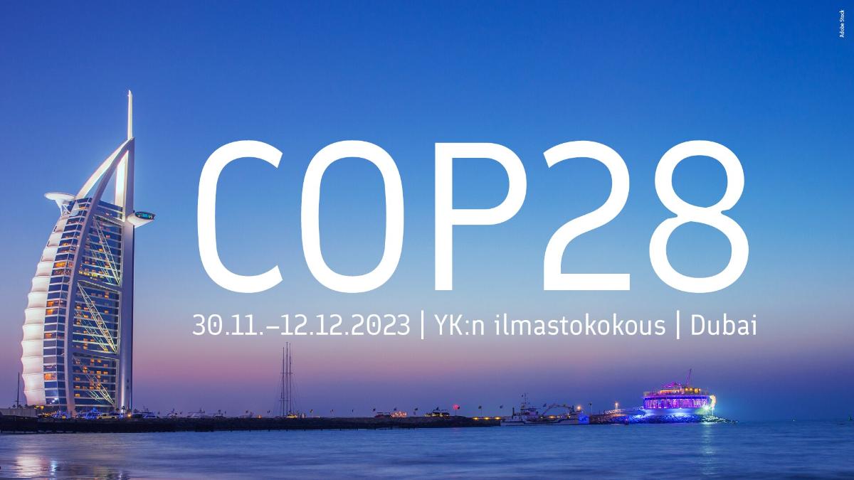 Kuvituskuva, jossa Dubain siluetti ja teksti COP28