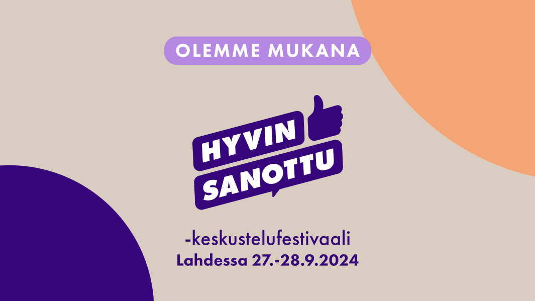 Hyvin sanottu -festivaalin logo oranssin sinisenä. Teksti: Olemme mukana Lahdessa 27.-28.9.