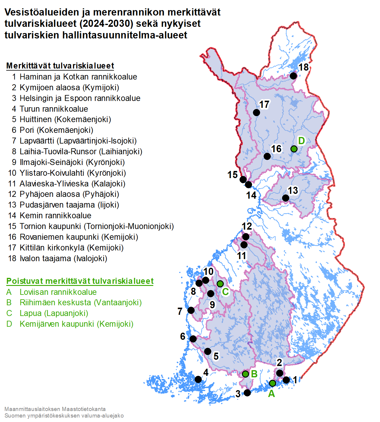 Suomen merkittävimmät 18 tulvariskialuetta kuvattuna kartalla sekä neljä aluetta, joilla kriteerit eivät täyttyneet: Loviisan rannikkoalue, Riihimäen keskusta, Lapua ja Kemijärven kaupunki.