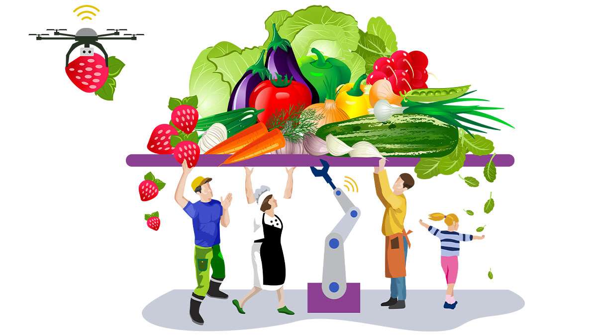 Kuvituskuva, tarjottimella jota kantaa ruokajärjestelmän henkilöt on runsaasti vihanneksia. Drone kuljettaa isoa mansikkaa.